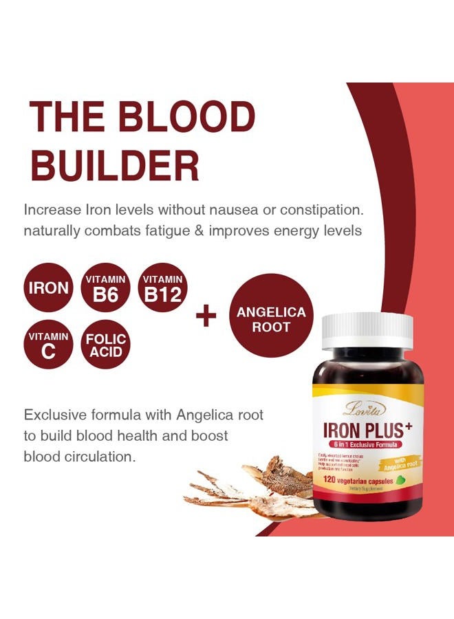 Lovita حديد 18 ملغ، مكمل حديد 6 في 1 للنساء، حديد مع فيتامين سي، دونغ كواي و ب12، فيتامين حديد نباتي لدعم إنتاج خلايا الدم الحمراء بدون إمساك، 120 كبسولة - Image 3