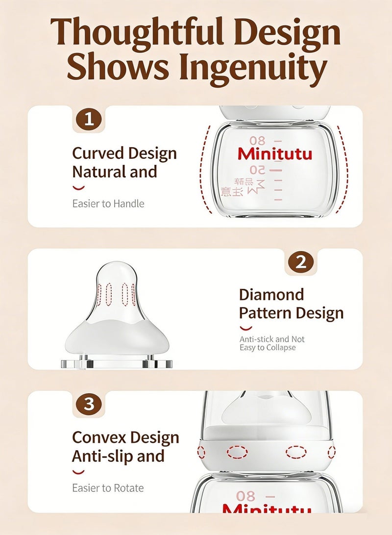 Minitutu Anti-Colic Glass Baby Bottle 80ml for Newborns – BPA Free & Safe Liquid Silicone Nipple, Easy-Clean Wide Neck, Slow Flow Breast-Like Feeding (0 Month+) - Image 4