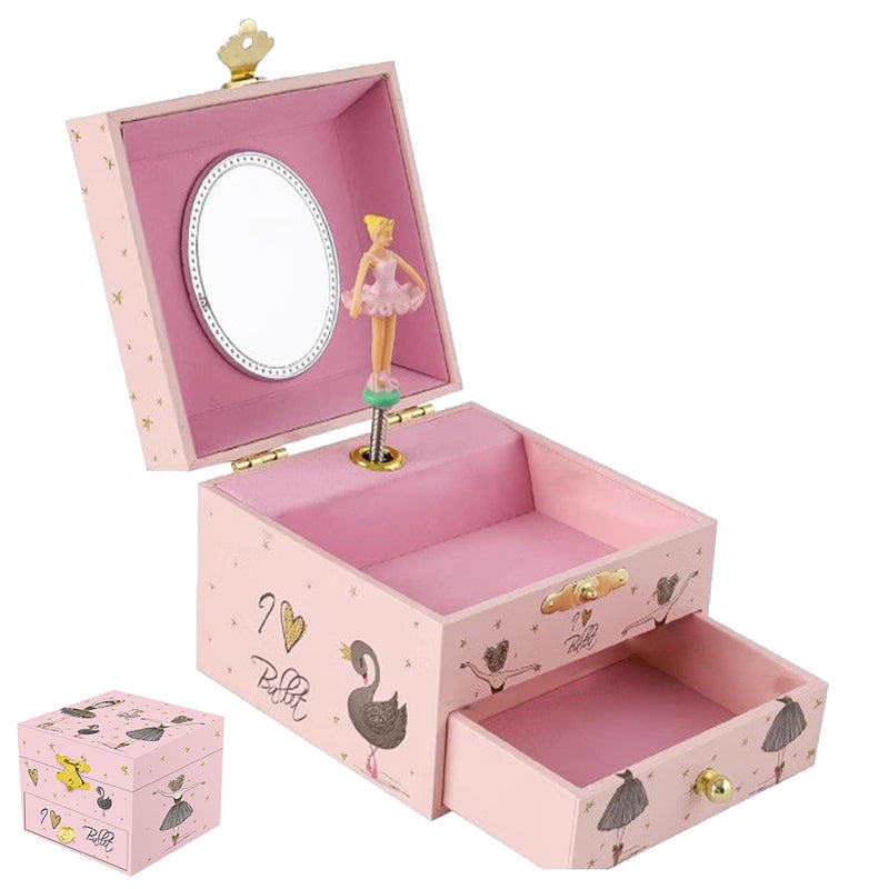 Ballerina Music Jewelry Box with Mirror 4 Inch Swan Double Layer Jewelry Storage Case Organizer with Ballerina for Makeup Accessories - Image 1