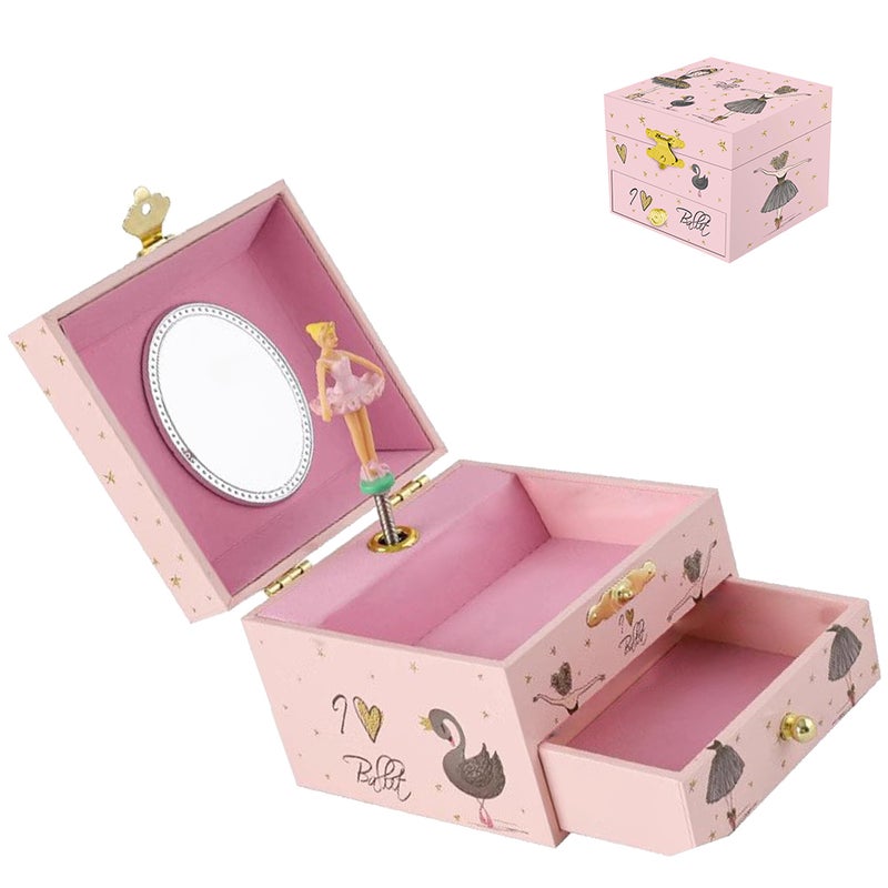 Ballerina Music Jewelry Box with Mirror 4 Inch Swan Double Layer Jewelry Storage Case Organizer with Ballerina for Makeup Accessories - Image 3