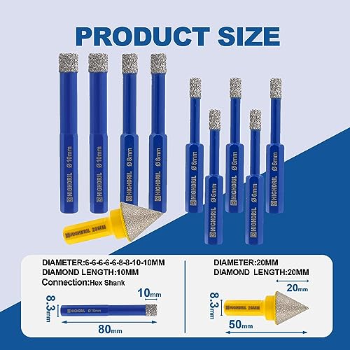 HIGHDRIL Diamond Hole Saw Kit - (6/6/6/6/6/8/8/10/10mm+20mm Hex Chamfer) Diamond Core Drill Bit Set for Porcelain Ceramic Granite Marble Hard Materials - Image 2