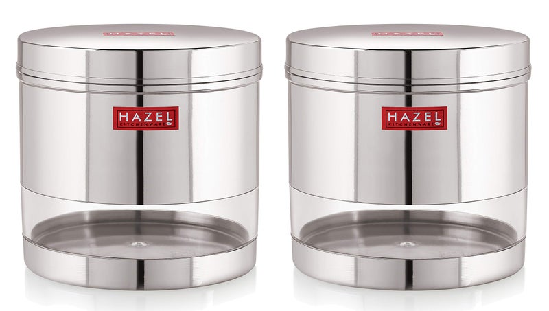 HAZEL Stainless Steel Transparent Wide Mouth See Through Container, Silver, Set of 2, 1100 ML - Image 1