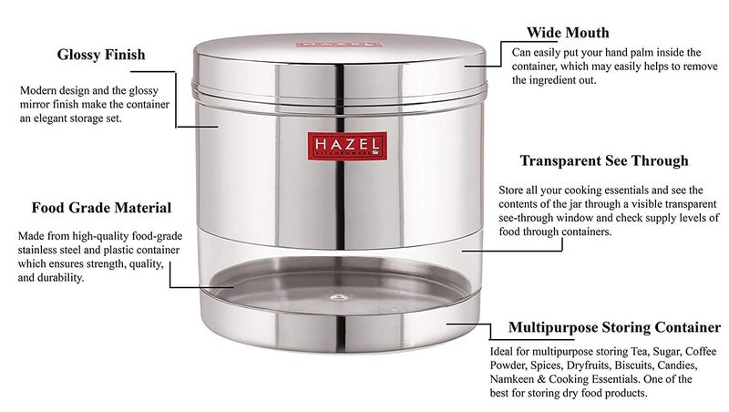 HAZEL Stainless Steel Transparent Wide Mouth See Through Container, Silver, Set of 2, 1100 ML - Image 4