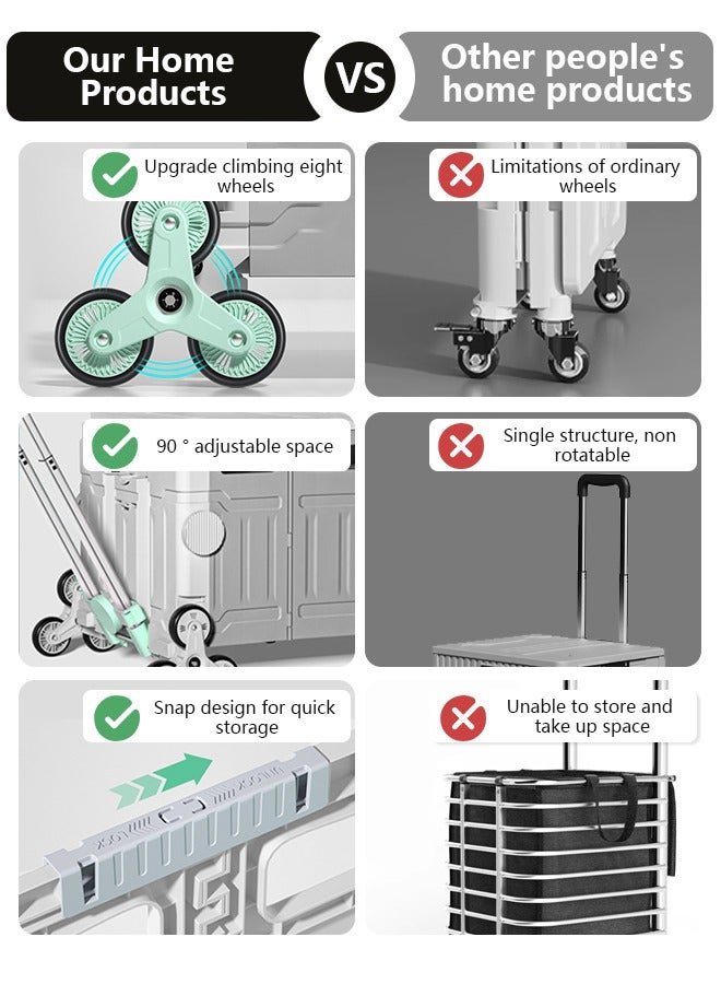 Beauenty 75L Folding Shopping Cart  with Stair Climbing Wheels,  Adjustable Height Stroller with Cover, Collapsible Rolling Cart  for Grocery Shopping, Moving, Luggage, Camping (Green) - Image 4