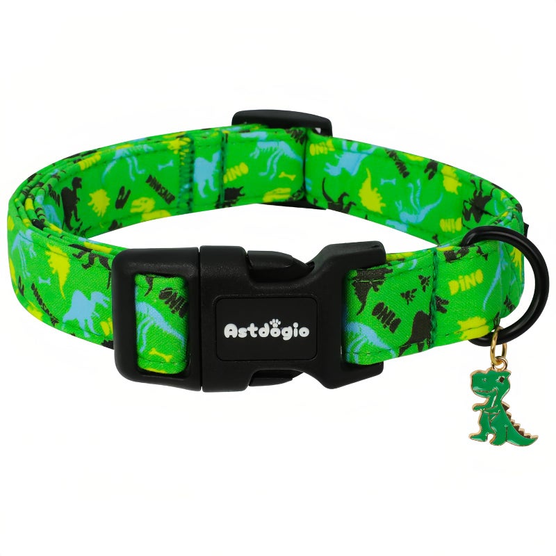 Astdogio Medium Dog Collars for Male Dogs, Boy Dog Collars with Dinosaur Patternï¼ŒAdjustable Cotton Green Collar for Puppy Dogï¼ŒIdeal, Daily Photos & Pet Fashion Accessory - Image 1