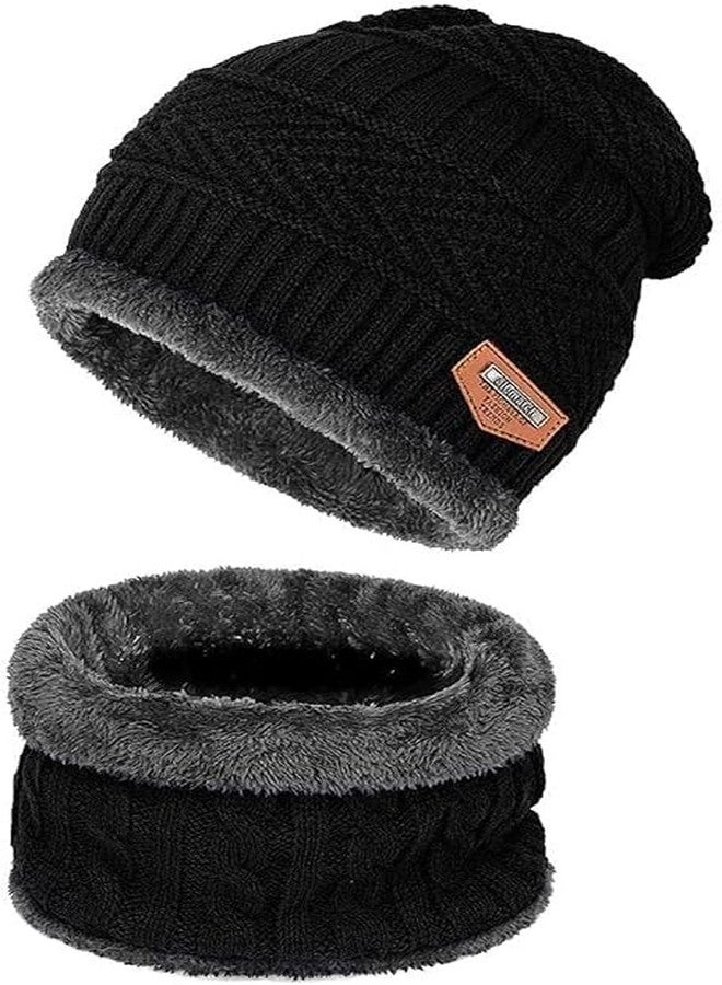 Domica Woolen Beanie/Skull Cap & Neck Warmer (Muffler) Combo For Winters With InSide Fur | Warm Hat | Hedging Hat Scarf Set |Air Proof Cap | | Ear Warmer 1 Cap & 1 Neck Warmer set - Image 1
