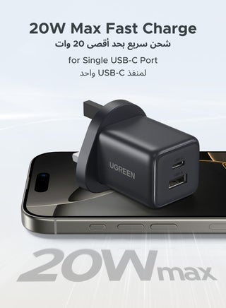 20W Charger USB Type C GaN Dual Ports 1C1A Fast Charging iPhone Charger Adapter Safe Charging And Portable Size Compatible With Samsung series, iPhone 16, 15 Series Tablet, Apple Watch, AirPods, DJI Pocket 20W 1A1C Black - view 3
