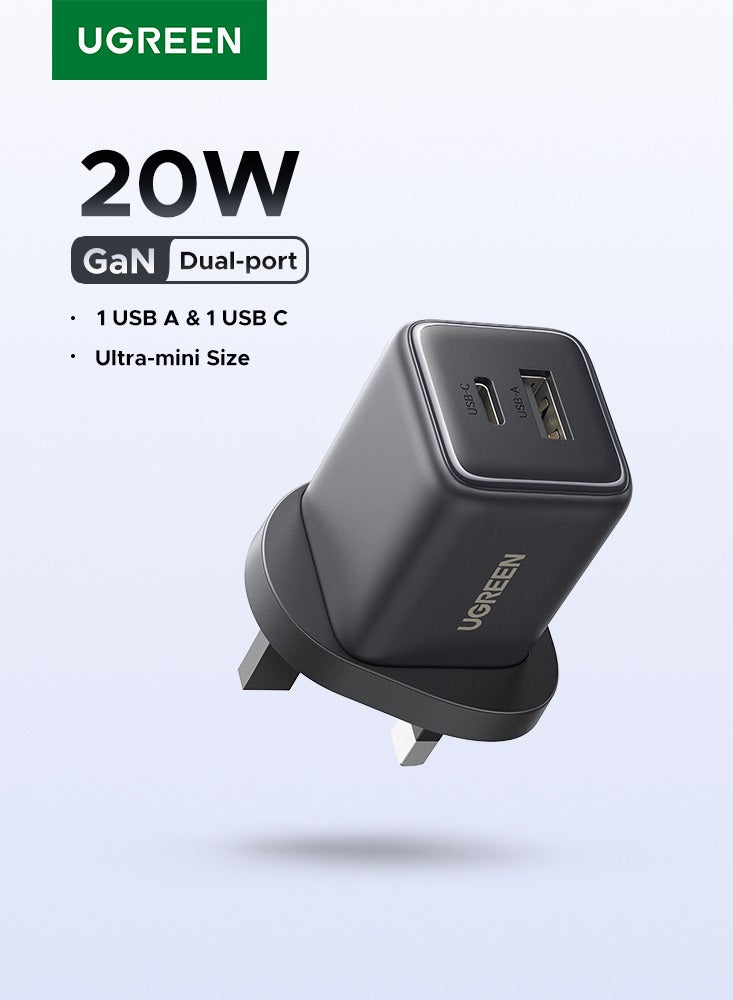 يو جرين شاحن 20 واط بمنفذي USB من النوع C بتقنية GaN، يدعم الشحن السريع 1C1A، متوافق مع أجهزة iPhone، شحن آمن، حجم صغير، متوافق مع سلسلة Samsung، iPhone 16 و15، أجهزة لوحية، Apple Watch، AirPods، وDJI Pocket 20W 1A1C Black - Image 1