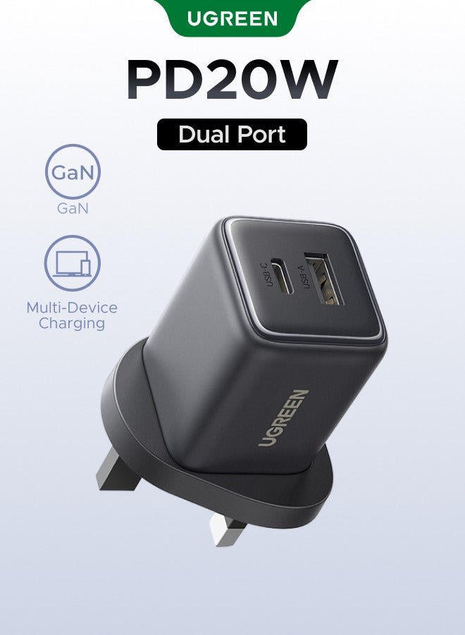 Ugreen 20W USB-C Charger GaN Dual Port (USB C + USB A) Fast Wall Charger Adapter, Portable Fast Charging Block Compatible with iPhone 17/17 Pro/16/15, Samsung, iPad, AirPods, DJI - Black 20W 1A1C Black - Image 1