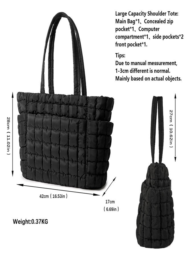 Queenoris Puffer Tote Bag for Women, Soft Quilted Shoulder Handbag Large Lightweight Satchel Purse Travel Gym Bag (Black) - Image 4