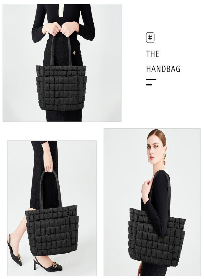 Queenoris Puffer Tote Bag for Women, Soft Quilted Shoulder Handbag Large Lightweight Satchel Purse Travel Gym Bag (Black) - Image 2