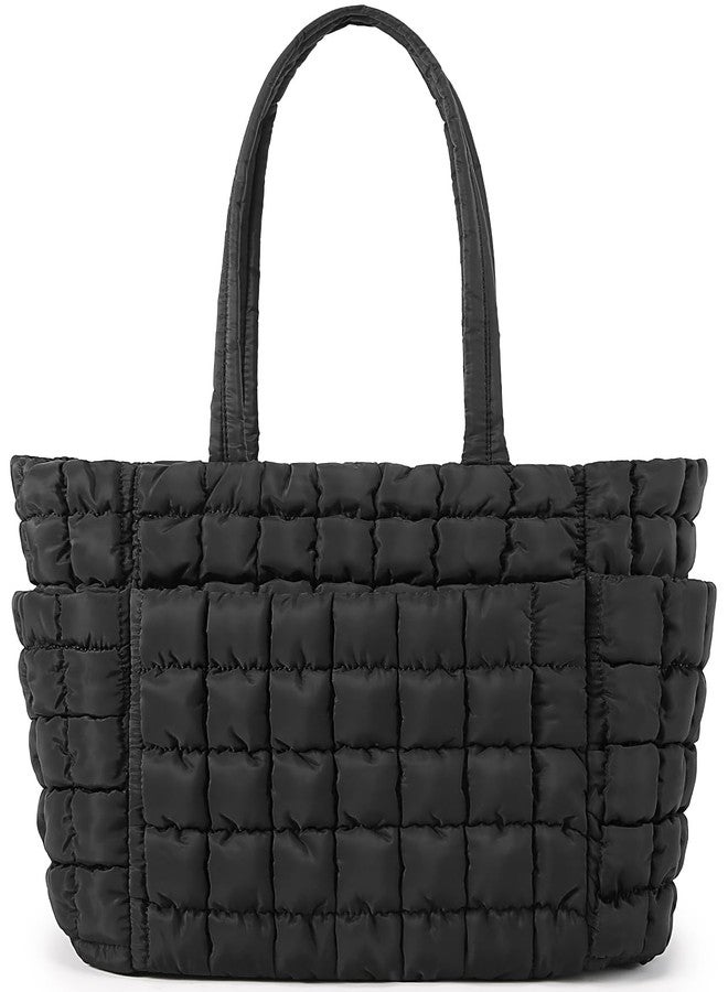 Queenoris Puffer Tote Bag for Women, Soft Quilted Shoulder Handbag Large Lightweight Satchel Purse Travel Gym Bag (Black) - Image 1