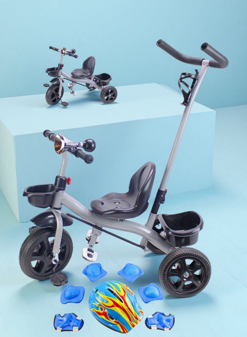 إيزي فيتشور دراجة ثلاثية العجلات للأطفال من EASY FUTURE مع مقبض دفع للوالدين وسلة تخزين لعبة دراجة ركوب للأطفال خيارات الألوان: رمادي، أحمر، وردي تتضمن العبوة مجموعة معدات حماية كاملة - Image 1