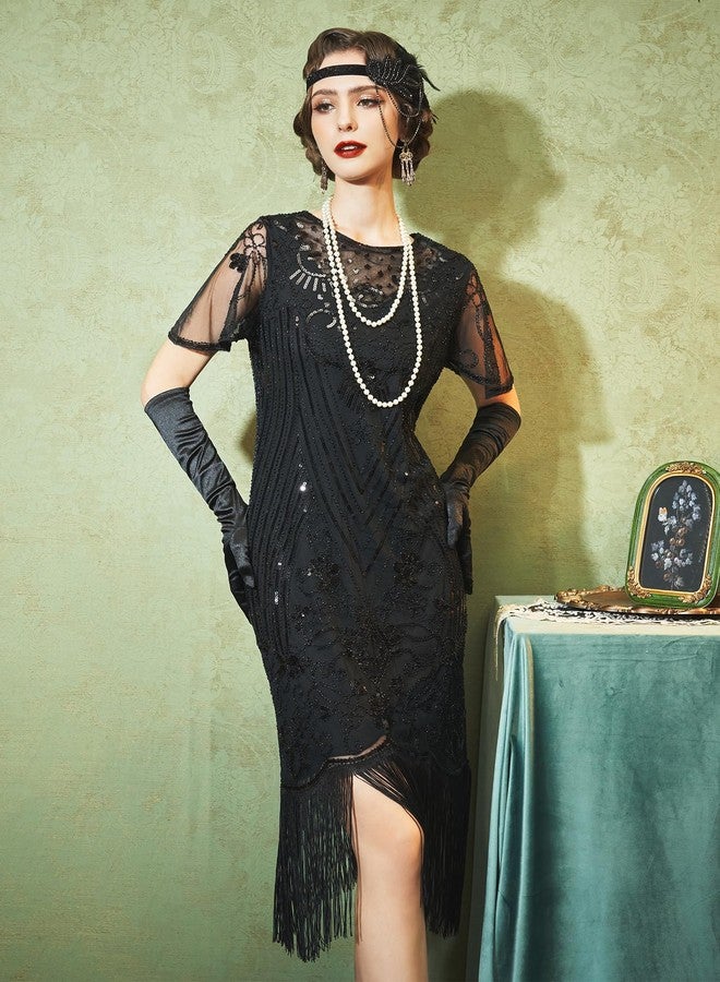 SWEETV Flapper Dresses 1920s Dresses For Women,Lace Neck Great Gatsby Dresses for Women Roaring 20s Dresses With Sleeve For Harlem Nights/Cocktail/Party-1920s Costumes,X-Large,Black - Image 2