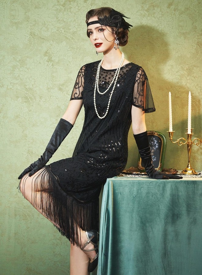 SWEETV Flapper Dresses 1920s Dresses For Women,Lace Neck Great Gatsby Dresses for Women Roaring 20s Dresses With Sleeve For Harlem Nights/Cocktail/Party-1920s Costumes,X-Large,Black - Image 3