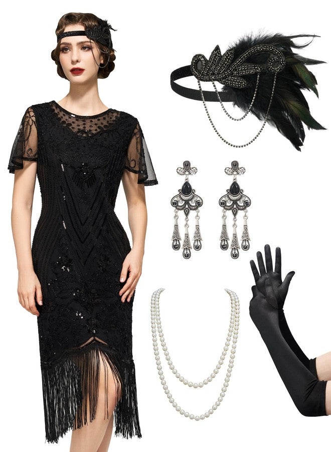 SWEETV Flapper Dresses 1920s Dresses For Women,Lace Neck Great Gatsby Dresses for Women Roaring 20s Dresses With Sleeve For Harlem Nights/Cocktail/Party-1920s Costumes,X-Large,Black - Image 1