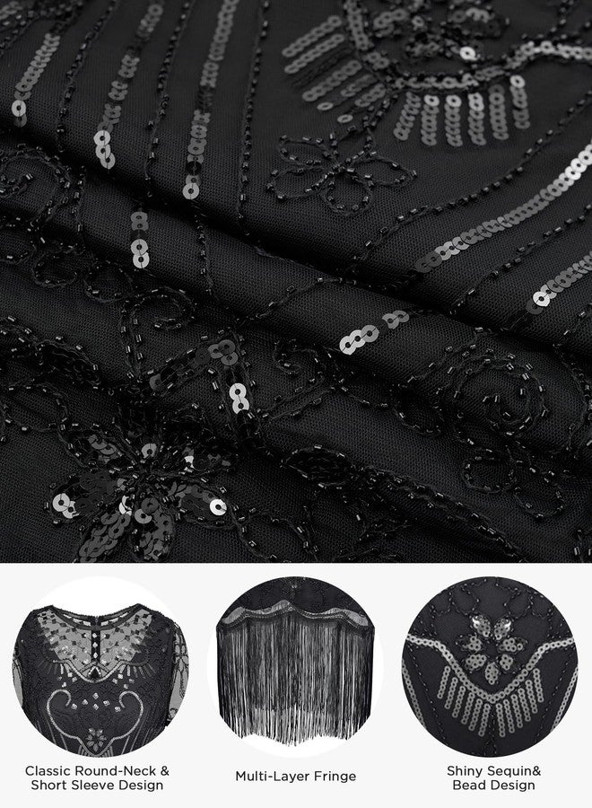 SWEETV Flapper Dresses 1920s Dresses For Women,Lace Neck Great Gatsby Dresses for Women Roaring 20s Dresses With Sleeve For Harlem Nights/Cocktail/Party-1920s Costumes,X-Large,Black - Image 5