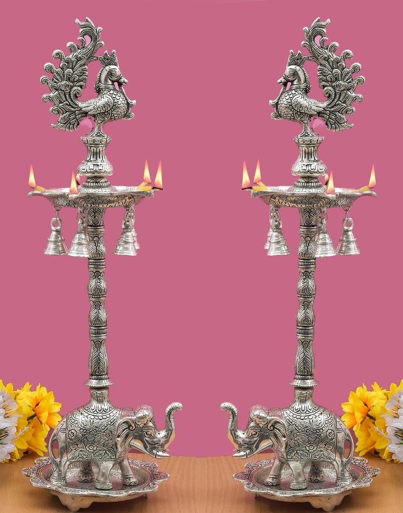 HOUZZPLUS Peacock Samai Pair Diya Stand with Elephant Base Plate Aluminium Panchmukhi samai Diya Big Samai Diya Stand for Home Decor Silver - Image 1
