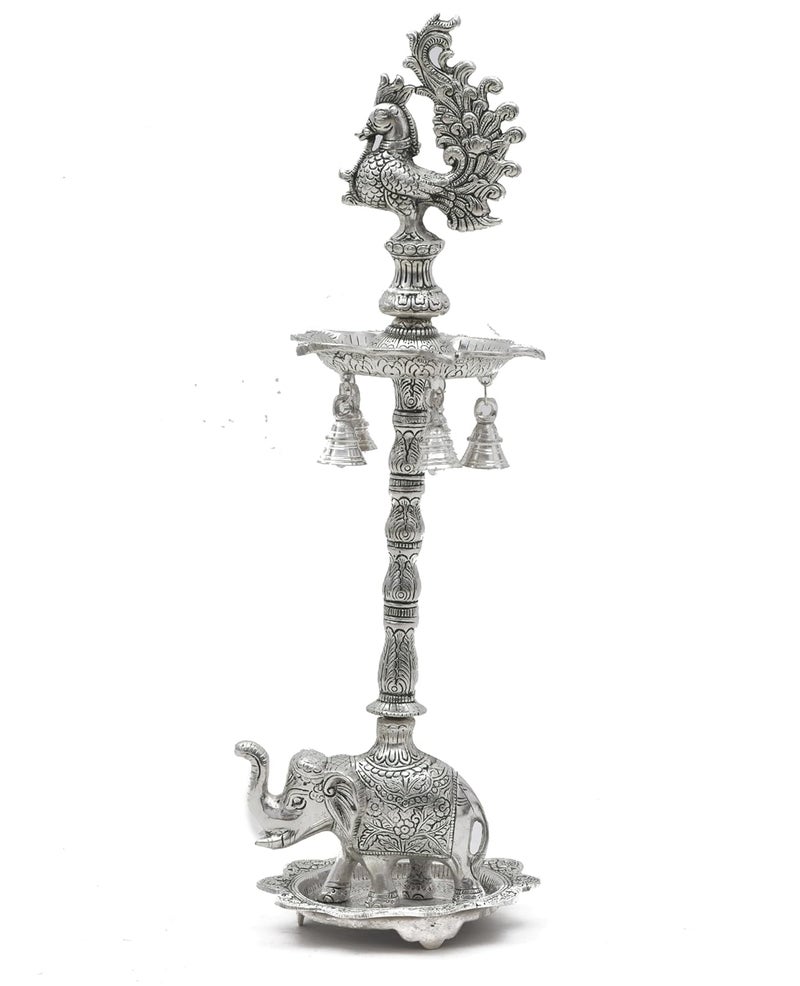 HOUZZPLUS Peacock Samai Pair Diya Stand with Elephant Base Plate Aluminium Panchmukhi samai Diya Big Samai Diya Stand for Home Decor Silver - Image 3