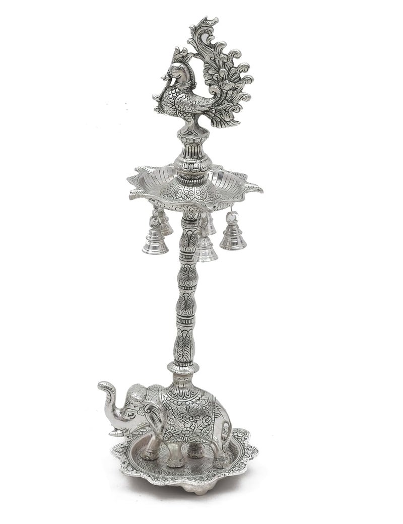 HOUZZPLUS Peacock Samai Pair Diya Stand with Elephant Base Plate Aluminium Panchmukhi samai Diya Big Samai Diya Stand for Home Decor Silver - Image 4
