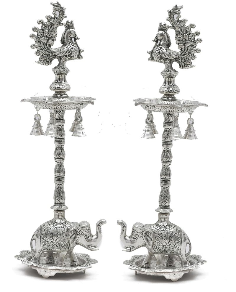 HOUZZPLUS Peacock Samai Pair Diya Stand with Elephant Base Plate Aluminium Panchmukhi samai Diya Big Samai Diya Stand for Home Decor Silver - Image 2