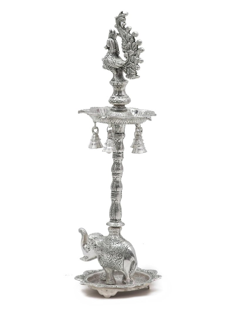 HOUZZPLUS Peacock Samai Pair Diya Stand with Elephant Base Plate Aluminium Panchmukhi samai Diya Big Samai Diya Stand for Home Decor Silver - Image 5