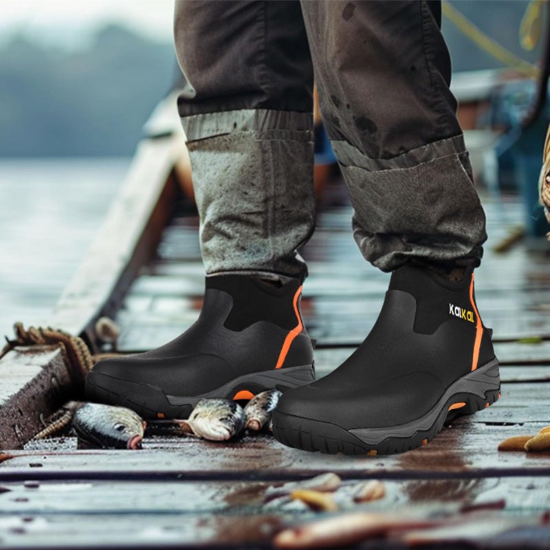 Kalkal Men's Rubber Boots, Waterproof Ankle Rain Boots, Insulated Working Booties with Comfortable Sports Sole, Outdoor Mud Boots for Yard Chore (Black,Size10) - Image 2