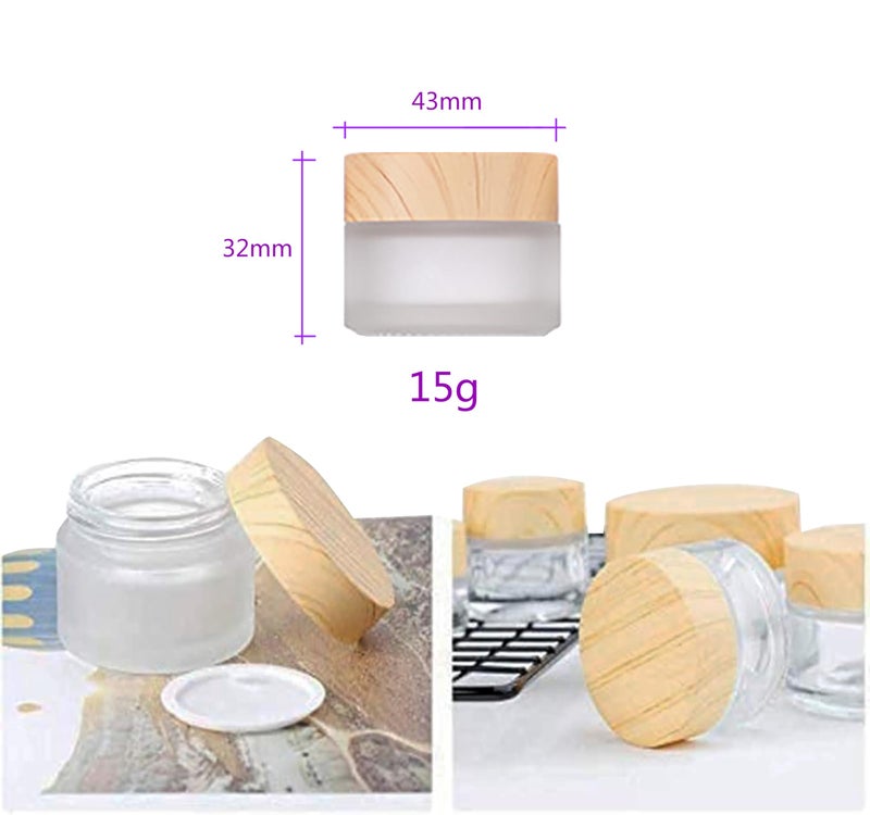 Healthcom 10 Packs 15ml/15g Empty Sample Jars Frosted Glass Cream Jar Bottle with Wood Grain Lid Cosmetic Containers Glass Cream Box Refillable Glass Cream Jar Pot for Makeup Lotion Face Eyeshadow - Image 2