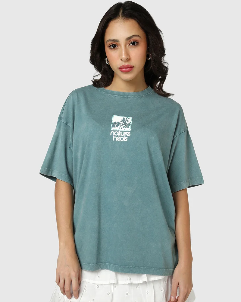 bewakoof Women's Granite Green Nature Heals Oversized Acid Wash T-shirt