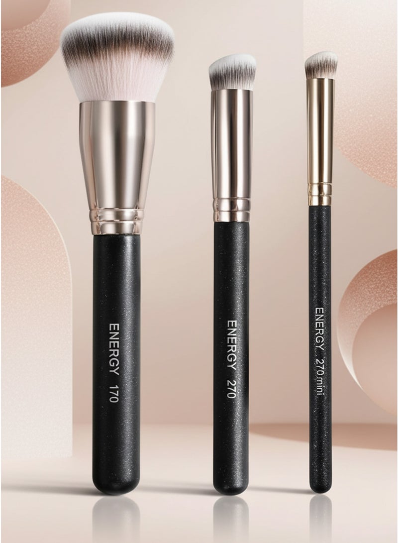 ENERGY Professional Three-Piece Makeup Brush Set Including 170 Foundation Brush and 270/270mini Concealer Brushes with Matte Black Non-Slip Handles and Soft Synthetic Fibers. - Image 2