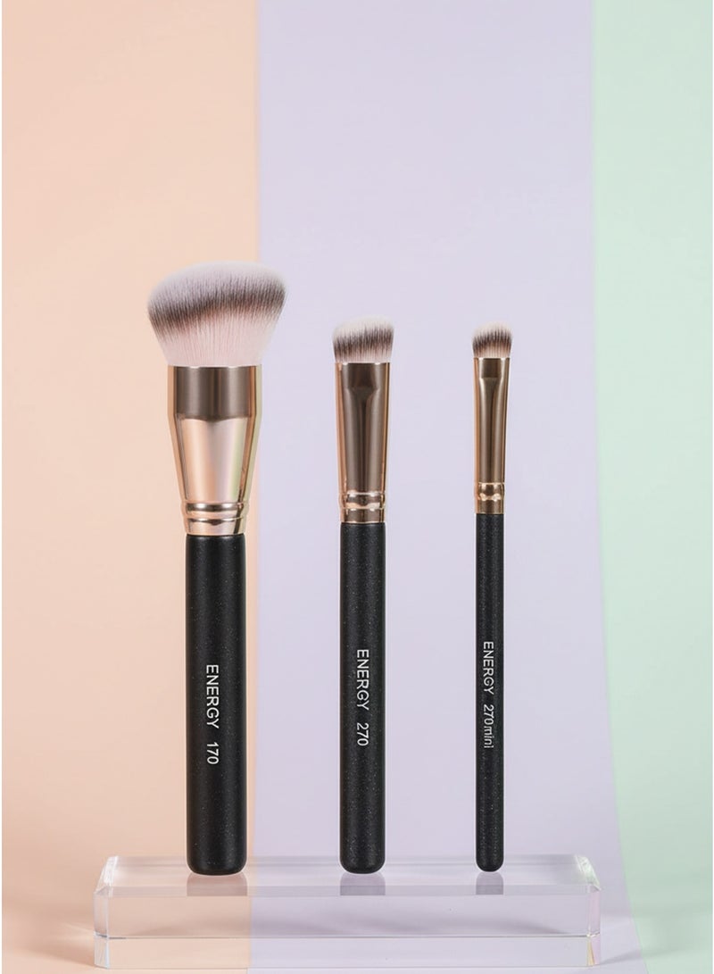 ENERGY Professional Three-Piece Makeup Brush Set Including 170 Foundation Brush and 270/270mini Concealer Brushes with Matte Black Non-Slip Handles and Soft Synthetic Fibers. - Image 4