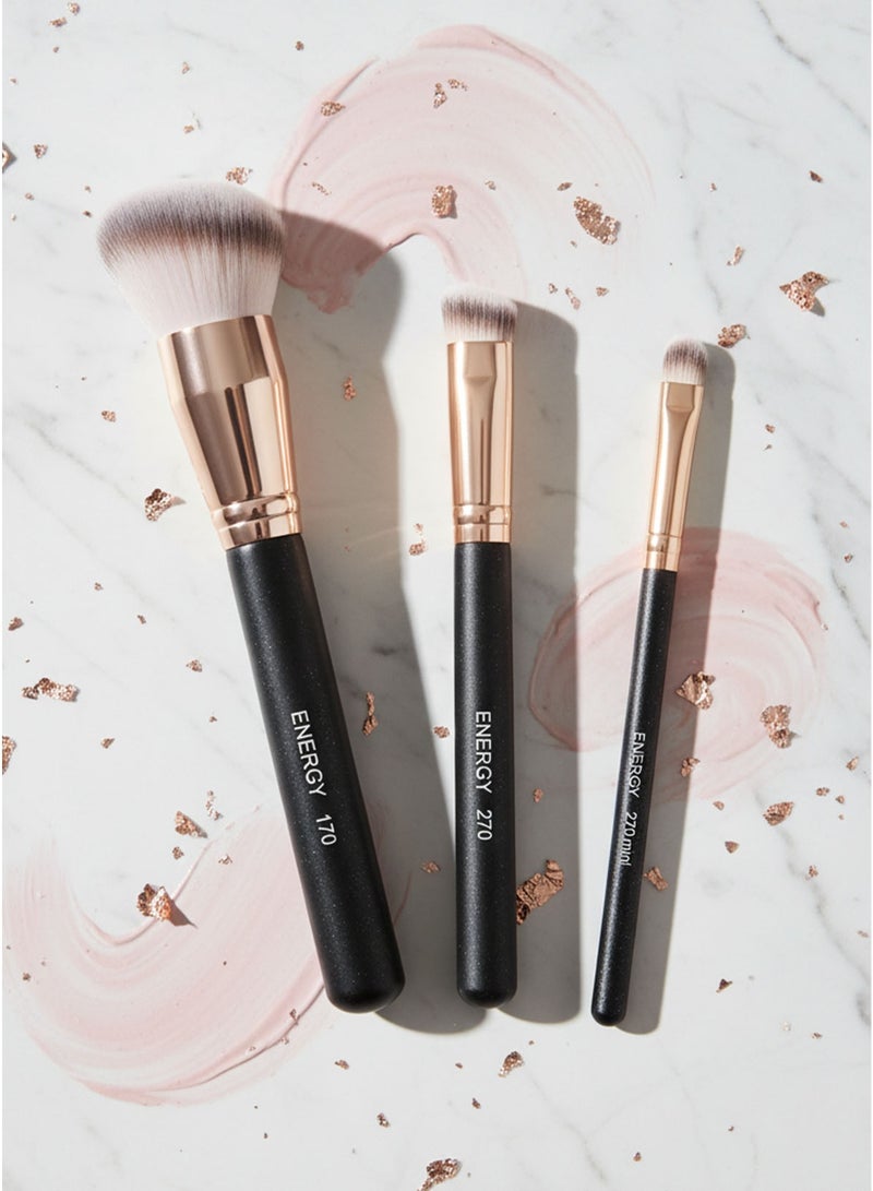 ENERGY Professional Three-Piece Makeup Brush Set Including 170 Foundation Brush and 270/270mini Concealer Brushes with Matte Black Non-Slip Handles and Soft Synthetic Fibers. - Image 1