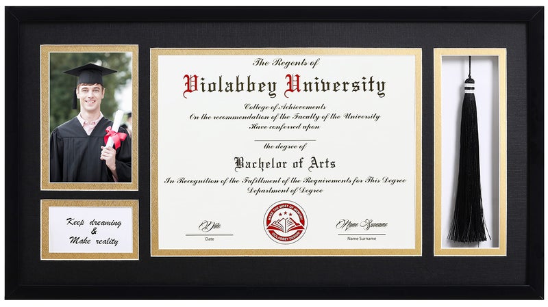 VIOLABBEY VIOLABBEY Matte Black Diploma Frame with Tassel Holder for 85x11 Certificates Document and 4x6 Graduation Pictures College Degree Frame for Wall Mounted Black Gold Double Mat 