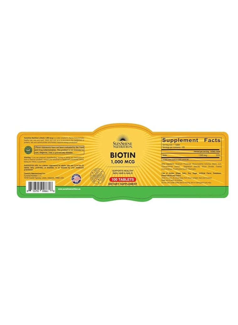 SUNSHINE NUTRITION SUNSHINE NUTRITION Biotin 1000 Mcg 100 Tablets  - Image 2
