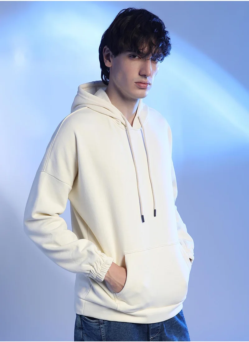 Campus Sutra Men's Light Yellow Oversized Pullover Sweatshirt With Kangaroo Pocket