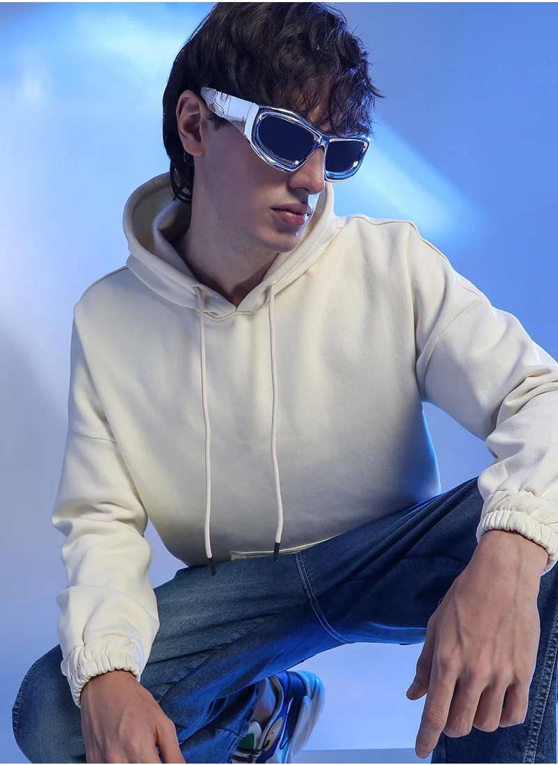 Campus Sutra Men's Light Yellow Oversized Pullover Sweatshirt With Kangaroo Pocket