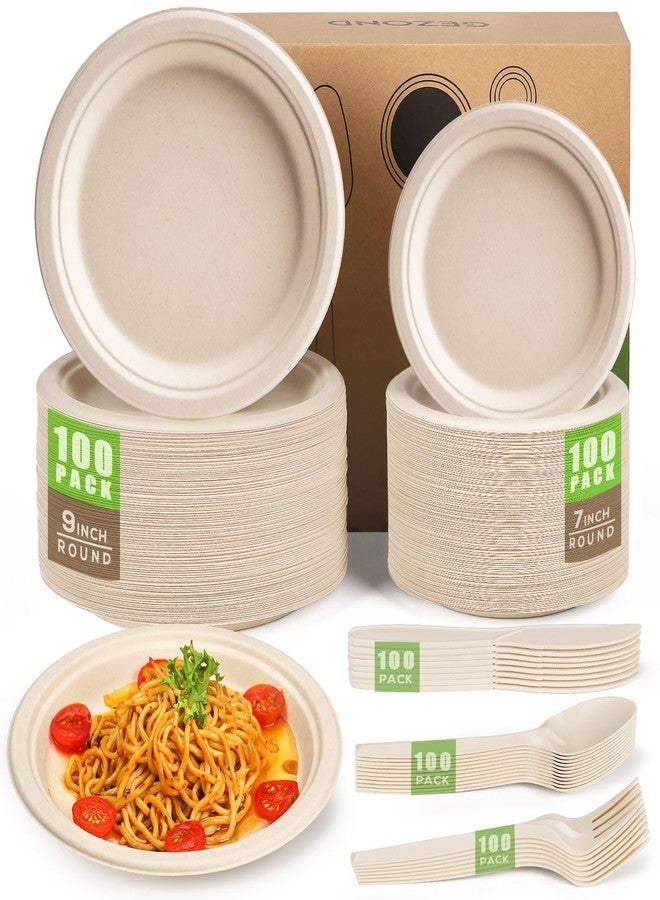 Gezond Compostable Paper Plates Set 500pcs Disposable Plates Heavy-Duty Plate Cutlery Eco-friendly Dinnerware Set for Party Picnic - Image 1