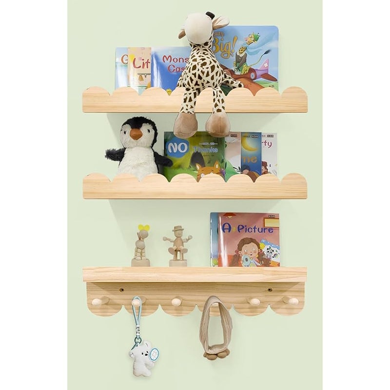 Nursery Shelves for Wall with Hooks-Scalloped Wall Book Shelves for Bedroom Kids Set of 3, Nursery Furniture Must Have, 16 Inch, Natural - Image 1