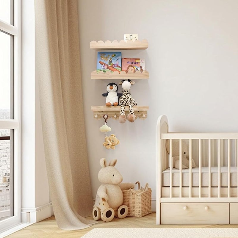 Nursery Shelves for Wall with Hooks-Scalloped Wall Book Shelves for Bedroom Kids Set of 3, Nursery Furniture Must Have, 16 Inch, Natural - Image 2