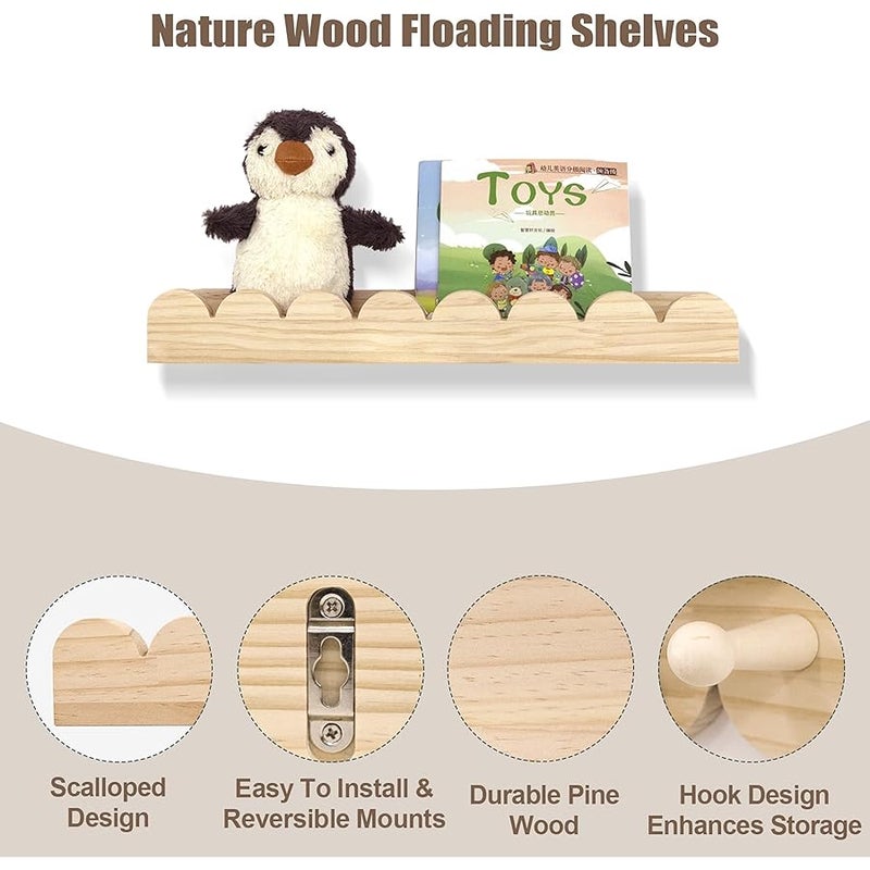 Nursery Shelves for Wall with Hooks-Scalloped Wall Book Shelves for Bedroom Kids Set of 3, Nursery Furniture Must Have, 16 Inch, Natural - Image 3