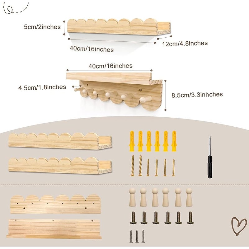 Nursery Shelves for Wall with Hooks-Scalloped Wall Book Shelves for Bedroom Kids Set of 3, Nursery Furniture Must Have, 16 Inch, Natural - Image 4