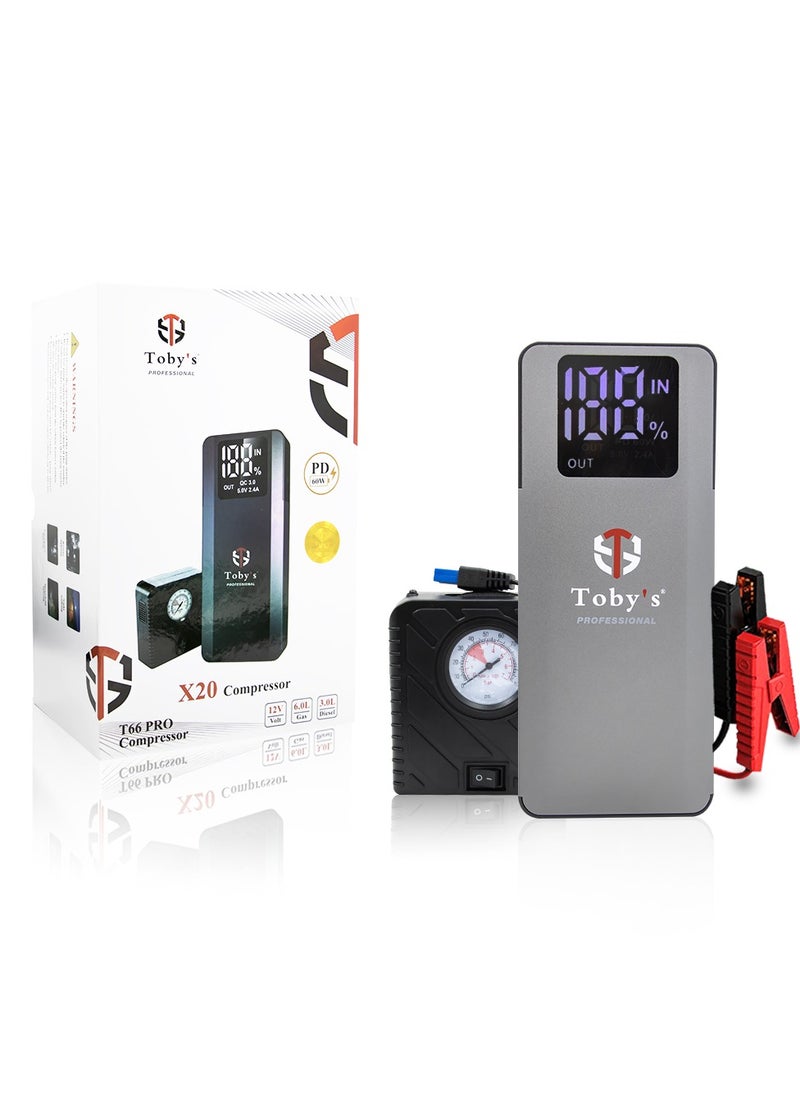 Toby's 2B (T66 Pro) Jump Starter with 16000mAh Automotive Compressor and 59.2WH Power Bank for Electronic Devices  - Image 1
