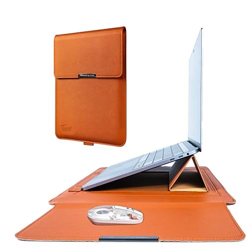 TECHIE 3-in-1 Laptop Sleeve for 13-14 inch Laptops Classic Brown PU Leather Sleeve Convertible Stand Mouse Pad with Accessories Pouch - Image 1