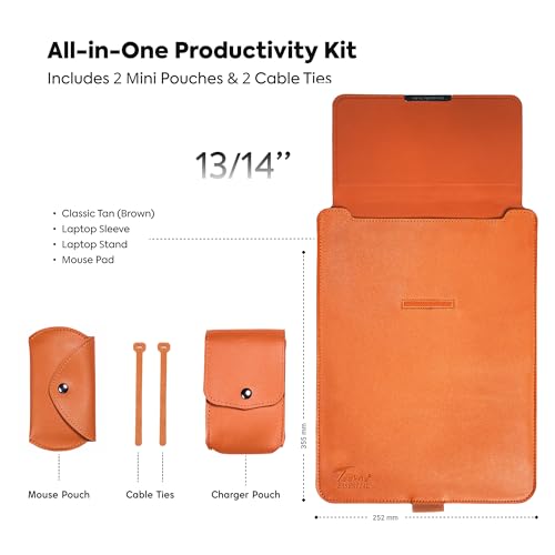 TECHIE 3-in-1 Laptop Sleeve for 13-14 inch Laptops Classic Brown PU Leather Sleeve Convertible Stand Mouse Pad with Accessories Pouch - Image 2