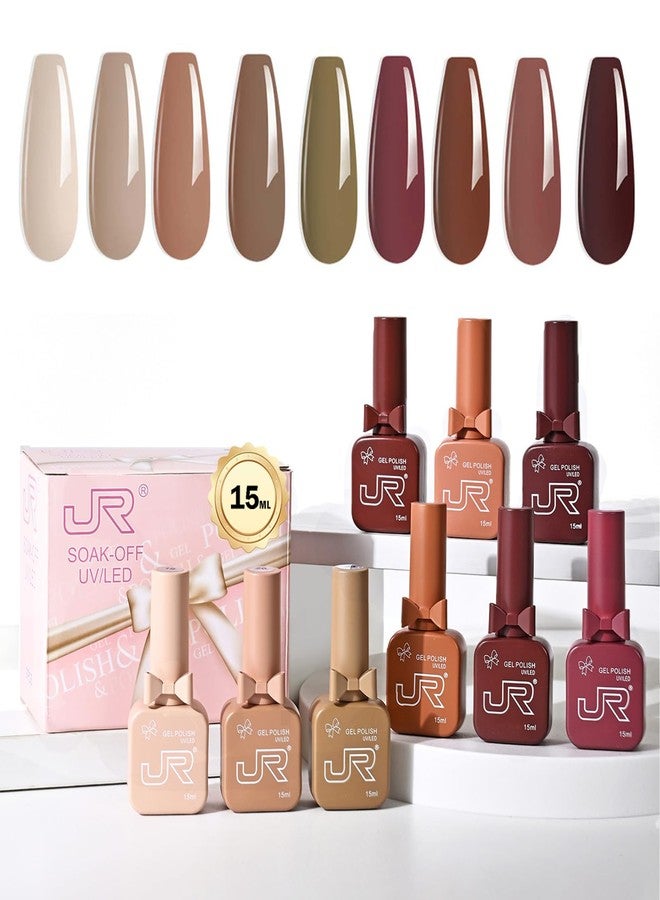 JR 9 Colors 0.5oz Brown Gel Nail Polish Set Bow Bottle Fall Design Nude Gel Polish Kit UV LED Soak Off Polish Home DIY Gift Fall Gel Polish Series - Image 1