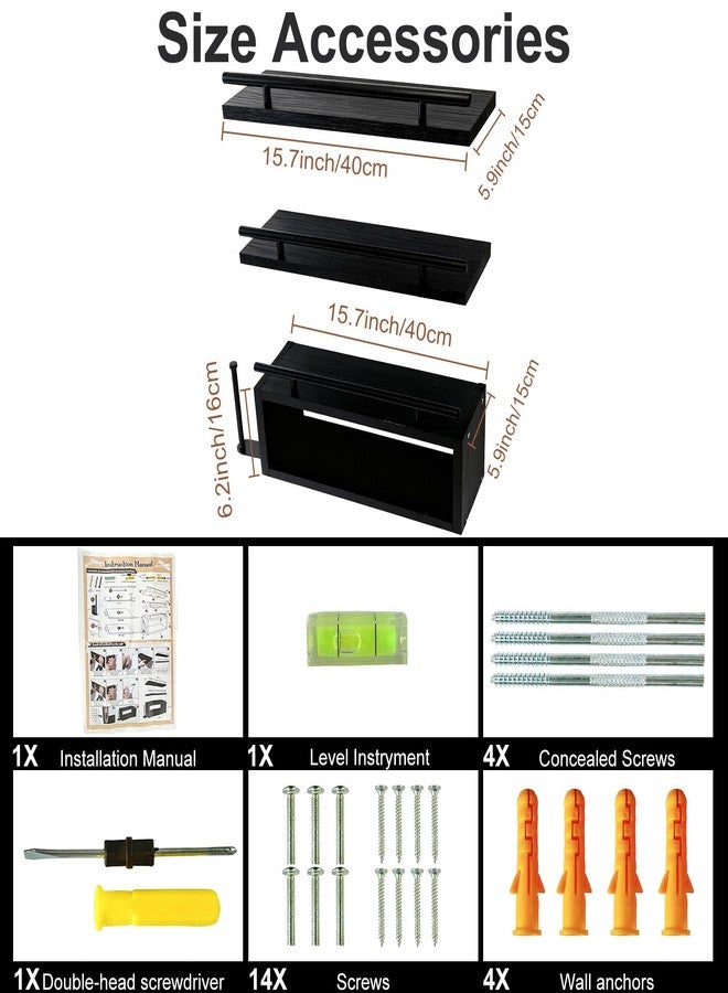 أور ورم مجموعة أرفف خشبية عائمة للجدران من OurWarm، 3 قطع، أرفف حمام سوداء فوق المرحاض مع حامل مناشف ورقية، أرفف جدارية سوداء لغرفة النوم والمطبخ وغرفة المعيشة - Image 2