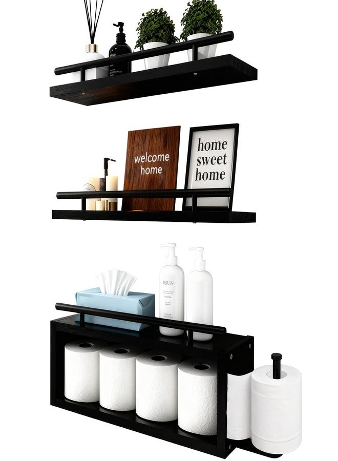 أور ورم مجموعة أرفف خشبية عائمة للجدران من OurWarm، 3 قطع، أرفف حمام سوداء فوق المرحاض مع حامل مناشف ورقية، أرفف جدارية سوداء لغرفة النوم والمطبخ وغرفة المعيشة - Image 1