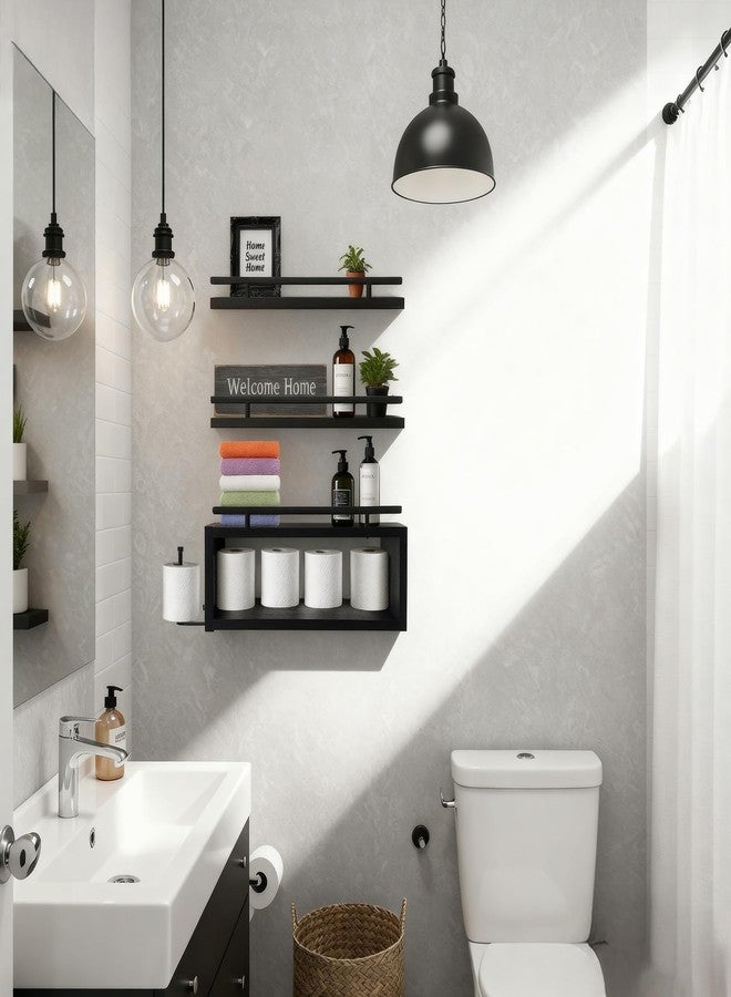 أور ورم مجموعة أرفف خشبية عائمة للجدران من OurWarm، 3 قطع، أرفف حمام سوداء فوق المرحاض مع حامل مناشف ورقية، أرفف جدارية سوداء لغرفة النوم والمطبخ وغرفة المعيشة - Image 5