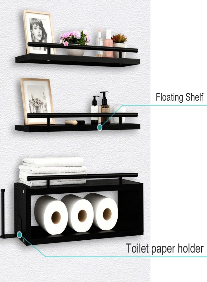 أور ورم مجموعة أرفف خشبية عائمة للجدران من OurWarm، 3 قطع، أرفف حمام سوداء فوق المرحاض مع حامل مناشف ورقية، أرفف جدارية سوداء لغرفة النوم والمطبخ وغرفة المعيشة - Image 3