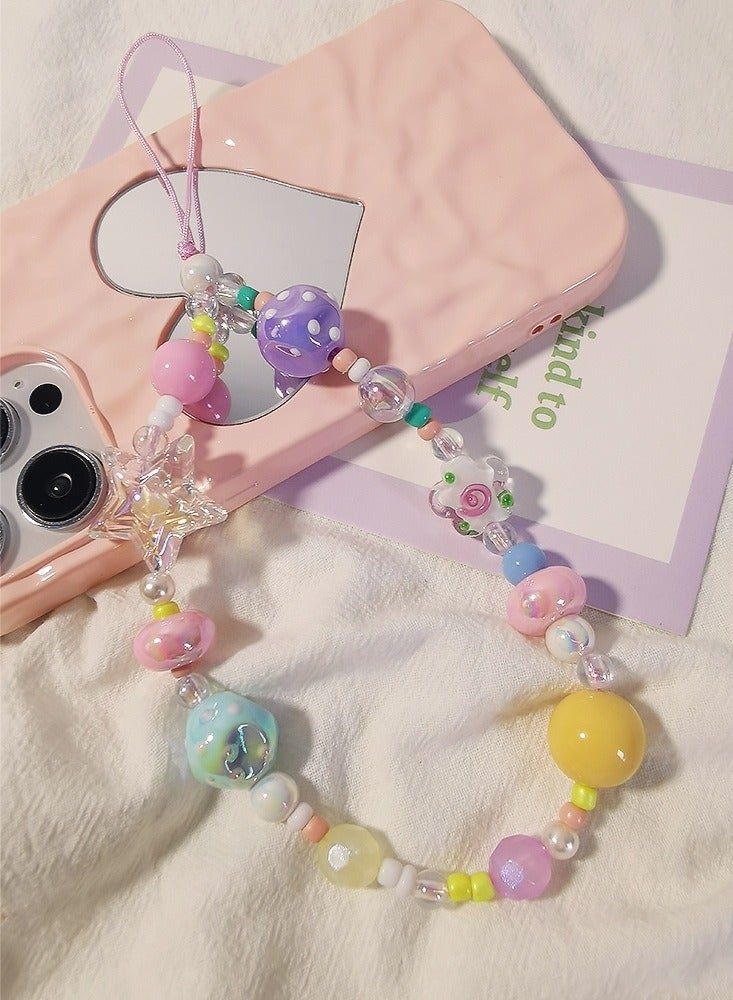 يوجا سلسلة هاتف مزينة بالخرز، حبل معصم على شكل سوار، حبل تعليق لطيف للكاميرا، إكسسوارات يدوية لتزيين غلاف الهاتف (زهور، نجوم) - Image 4